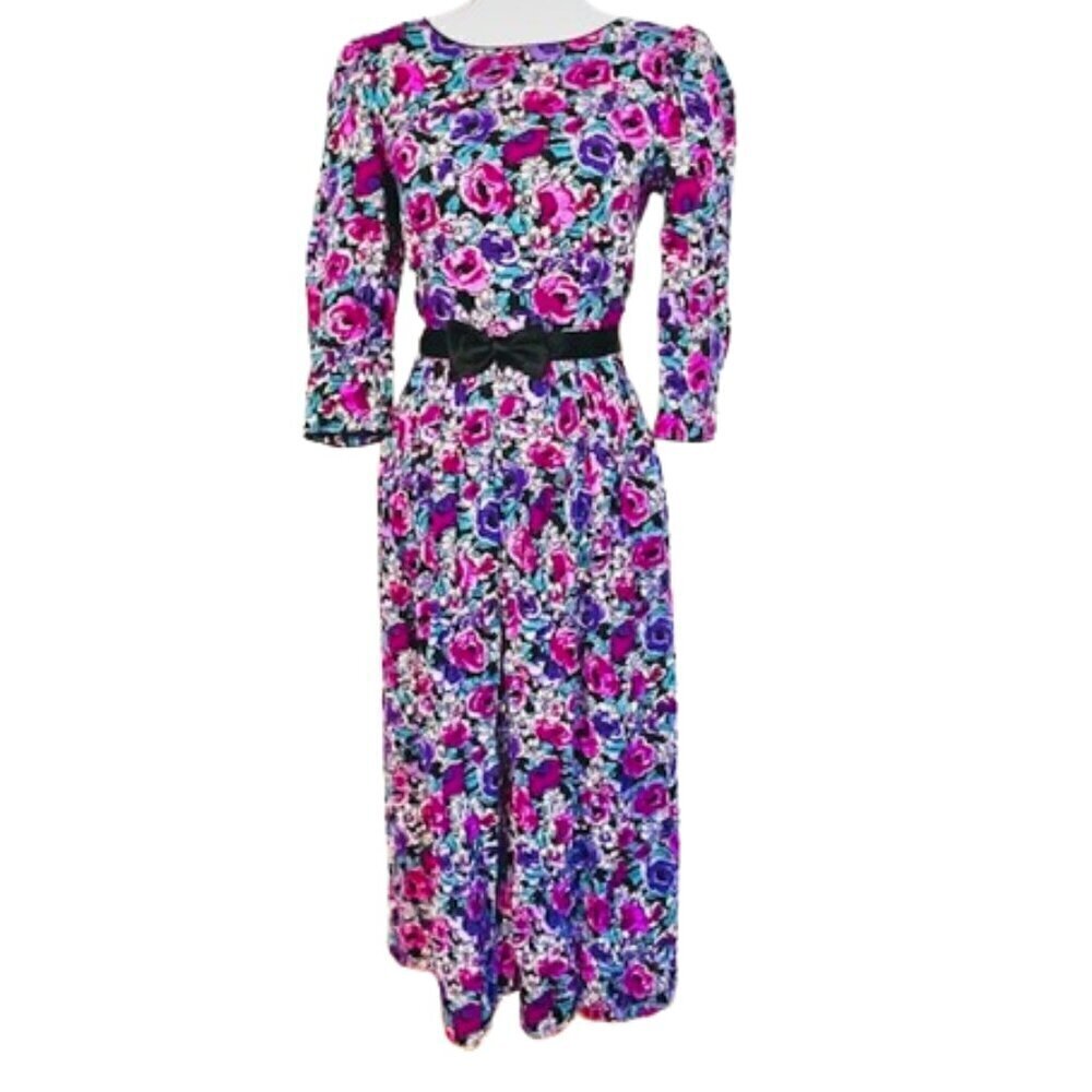 Vintage Lanz Cottagecore Floral Puff Sleeve Rayon Midi Dress XS